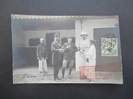 Asien Vietnam Indo Chine 1909 Echtfoto AK Expedition Herren Werden Bedient / Trinken Bier. Roter Kastenstempel - Brieven En Documenten