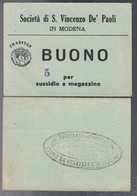 SOCIETA' DI S. VINCENZO DE' PAOLI MODENA BUONO CHARITAS PER SUSSIDIO A MAGAZZINO 5  LOTTO 3188 - Altri & Non Classificati