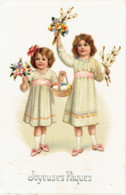 Joyeuses Paques 2 Jeunes Filles Avec Des Fleurs Carte Embossée - Ostern