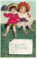 Bonne Année Carte Embossée Enfants Fleurs Violettes  Edit. Allemande - Neujahr