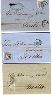 ESPAÑA 1870/2  3 CARTAS   50 MILS N°107 Desde BURGOS REUS MADRID  Hasta SEVILLA   LC 56 - Covers & Documents