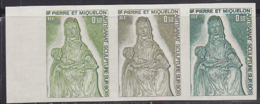 ST. PIERRE & MIQUELON (1975) St. Anne & Baby Mary. Trial Color Proof Strip Of 3. Scott No 442, Yvert No 444. - Imperforates, Proofs & Errors