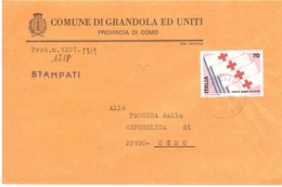1980 £70 CROCE ROSSA ITALIANA SU STAMPE BUSTA COMUNE DI GRANDOLA ED UNITI COMO - 1971-80: Marcophilia