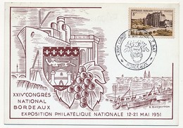 FRANCE - CP Affr 8F Chateaudun Cachet Temp "XXIV° Congrès National De BORDEAUX" 1951 - Bolli Commemorativi