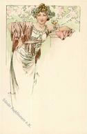 Mucha, Alfons Lady Holds Wine Glass Design For Menu I-II (Signatur Spiegelverkehrt) - Mucha, Alphonse