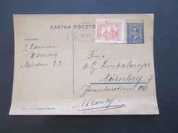 Polen 1928 Ganzsache Mit Zusatzfrankatur Nach Nürnberg Gesendet - Storia Postale