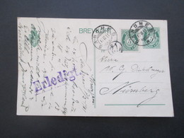 Norwegen 1911 Ganzsache Mit Zusatzfrankatur Stempel Sandnes Nach Nürnberg Gesendet - Covers & Documents