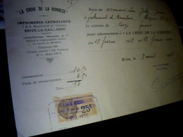 Fiscal De 25 Ct Sur Facture Presse Journal " La Croix De Corrèze" Imprimerie Catholique à Brive La Gaillarde Année 1933 - Cartas & Documentos