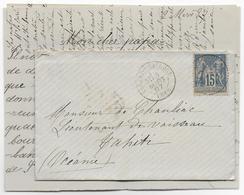 1887 - SAGE TARIF RARE MILITAIRE 15c Pour LETTRE De ARGENT => TAHITI (OCEANIE) ! - 1876-1898 Sage (Type II)