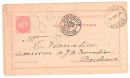 LISBONNE LISBOA Carte Postale 20 Reis Ob 22 6 1891 Dest Bordeaux France - Entiers Postaux