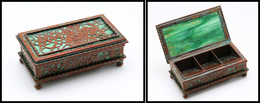 Boîte Tiffany Modern Style "N°801", En Bronze Et Pâte De Verre, 3 Comp. Amovibles, 100x55x35mm, Superbe. - R - Contenitore Per Francobolli