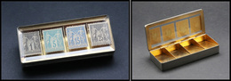Boîte Rectangulaire En Métal Argenté, Couvercle Cristal Biseauté, 4 Comp. En Vermeil, Signée "Appay Paris", 95x40x20mm.  - Contenitore Per Francobolli