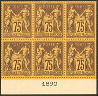 (*) Sage. 75c Violet Sur Orange N°99, Bloc De Six Bdf Avec Date 1890, Superbe. - R - 1876-1878 Sage (Type I)