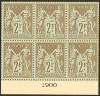 (*) Sage. 2f Bistre Sur Azuré N°105, Bloc De Six Bdf Avec Date 1900, Superbe Et 1e Pièce Vue à Ce Jour. - RRR - 1876-1878 Sage (Type I)