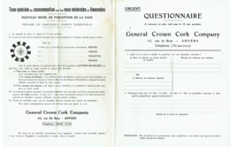 General Crown Cork Company. Anvers. Taxe Sur Eaux Minérales Et Limonades. Questonnaire Pour Bouchons Couronne. - Lebensmittel