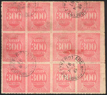 BRAZIL: Sc.J6, 1889 300rs. Rose, Large Used Block Of 12 (with Right Sheet Margin Un-rouletted), Cancelled GOYAZ 18/JA/18 - Timbres-taxe