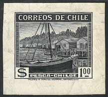 CHILE: Yvert 174, 1938/50 1P. Fishing, Chiloé (fishing Boat, Palafito - Stilt Houses), DIE PROOF In Black, VF Quality, R - Chili