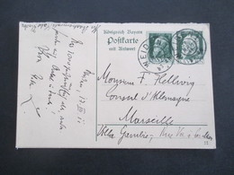 1911 Bayern GA / Doppelkarte P 89 /01 Weiden Nach Marseille Gesendet An Den Deutschen Konsul F. Hellwig In Villa Gambie - Postal  Stationery