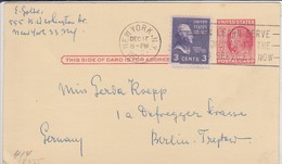 1952, Postal Stationary, Ganzsache + Zusatzfrankatur, Gel. New York Nach Berlin Treptow - 1941-60