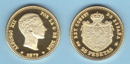 ESPAÑA / REY ALFONSO XII (1.874-1.885) 25 PESETAS 1.879 #18-79 EM M Madrid Oro Proof SC Réplica   T-DL-13.007 - Essays & New Minting