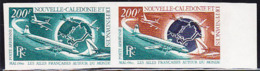 NEW CALEDONIA (1970) Planes Flying Around Globe. Trial Color Proof Pair. Scott No C72, Yvert No PA112. - Ongetande, Proeven & Plaatfouten