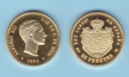 ESPAÑA / REY ALFONSO XII (1.874-1.885) 25 PESETAS 1.880 #18-80 MS M Madrid Oro Proof SC Réplica   T-DL-13.008 - Test- Und Nachprägungen