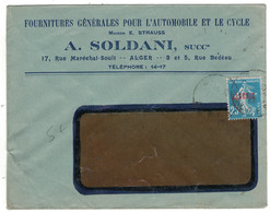 1923 - SEMEUSE 25c BLEU SURCHARGÉ ALGÉRIE Sur LETTRE ENTETE A. SOLDANI FOURNITURES AUTOMOBILES CYCLES ALGER - Cartas & Documentos
