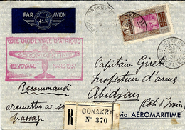 1937- Enveloppe RECC. De Conakry -AEROMARITIME 1er Voyage Mars 1937 Pour Abidjian - Brieven En Documenten