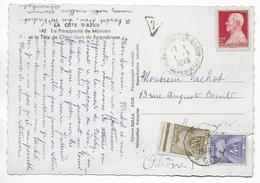 MONACO - 1949 - TIMBRE DE MONACO NON VALIDE UTILISE EN FRANCE => TAXE - CP De (ALPES MARITIMES) => LYON - Postmarks