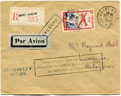 REUNION LETTRE RECOMMANDEE PAR AVION DEPART SAINT-ANDRE 29-3-47 REUNION POUR MADAGASCAR - Storia Postale