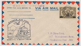 CANADA - Envel. First Official Flight CANADA Air Mail - WADHOPE TO GREAT FALLS - 1933 - Airmail