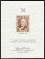 USA America First Stamp 1847 Reproduction UPU Congress Salon 1984 GERMANY Hamburg Philatelist Commemorative Sheet Block - Andere & Zonder Classificatie