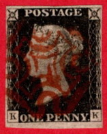 GBR SC #1 U (K,K) 1840 Queen Victoria 4 Margins W/red Cancel CV $375.00 - Gebruikt