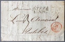 Griffe NIZZA 15. NOV. + TAD SARD. ANTIBES 1839 Sur Lettre Pour Antibes - (W1594) - 1801-1848: Précurseurs XIX