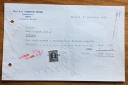 TRIESTE  - AMG FTT - MARCHE DA BOLLO SU DOCUMENTO : FATTURA DOTT.RAG.ROBERTO ERSINI - 21/9/53 - Revenue Stamps