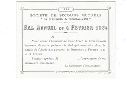 MENETOU RATEL (18) Env De SANCERRE Carton Invitation Bal Société Secours Mutuels La Fraternelle 1934 - Andere & Zonder Classificatie