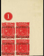 Australia-Tasmania 1889 Victoria ½d CORNER IMPERF.OVPT:REPRINT CORN.4-BLOCK Horrible Print Crd - Mint Stamps