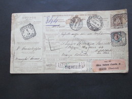 Italien 1914 Auslandspaketkarte Zusatzfrankaturen Und Vielen Stempeln Tremezzo  - Ostende Stempel Chiasso - Pacchi Postali