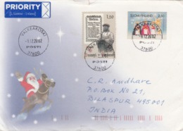 2002 AIRMAIL  FROM FINLAND TO BILASHPUR FRANKED WITH STAMPS ON EUROPA(1992), CHRISTMAS STAMP 2000 /SLIGHT TEAR - Cartas & Documentos