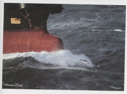 Dauphin Pilote Devant L'étrave D'un Cargo - Philippe Plisson Photographe Peintre Officiel De La Marine (cp Vierge) - Dauphins