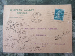 30c Semeuse Bleue Sur CP Pub "Chapeau Jaillet Beziers " 1926 - 1921-1960: Période Moderne