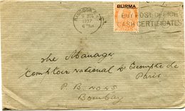 BIRMANIE LETTRE DEPART RANGOON 5 AUG 1937 POUR L'INDE - Burma (...-1947)