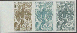 FRENCH POLYNESIA (1967) Fruit Carriers Race. Trial Color Proof Strip Of 3. Scott No 231, Yvert No 50. - Imperforates, Proofs & Errors