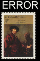CV:€192.00 Great Britain 1973 Sir Joshua Reynolds Self Portrait Art 3p ERROR:no Gold - Variétés, Erreurs & Curiosités