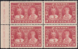 Canada 1935 MH Sc #213 3c King George V, Queen Mary Plate 1 Block Of 4 - Plate Number & Inscriptions