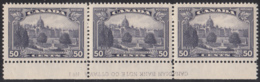 Canada 1935 Mint Sc #226 50c Parliament, Victoria BC Plate 1 Block Of 3 - Num. Planches & Inscriptions Marge