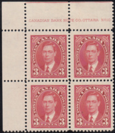 Canada 1937 MH Sc #233 3c George VI Mufti Plate 10 UL Block Of 4 - Num. Planches & Inscriptions Marge