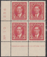 Canada 1937 MH Sc #233 3c George VI Mufti Plate 10 LL Block Of 4 - Num. Planches & Inscriptions Marge