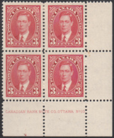 Canada 1937 MH Sc #233 3c George VI Mufti Plate 10 LR Block Of 4 - Num. Planches & Inscriptions Marge