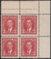 Canada 1937 MH Sc #233 3c George VI Mufti Plate 11 UR Block Of 4 - Num. Planches & Inscriptions Marge